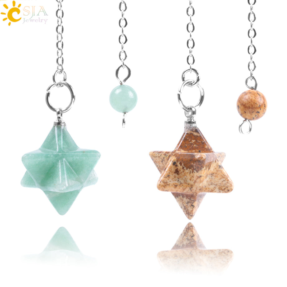 CSJA Natural Gem Stones Merkabah Pendulums for Dowsing Divination Wicca Chakra Reiki Pink Crystal Lapis Lazuli Onyx Pendant