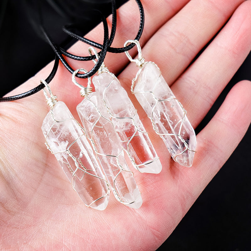White crystal necklace, raw stone, single crystal hexagonal pillar