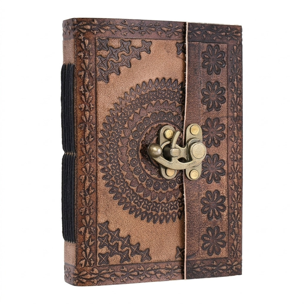 Handmade Leather Bound Journal with Lock - Vintage Travel Diary | 192 Eco-Friendly Pages | Refillable Writing Notebook for Men & Women | 7x5 Inch