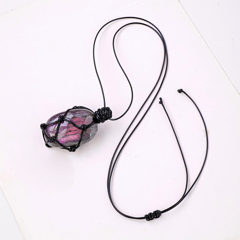 Purple Handmade Mesh Bag Pendant Moonstone Shape Crystal Necklace