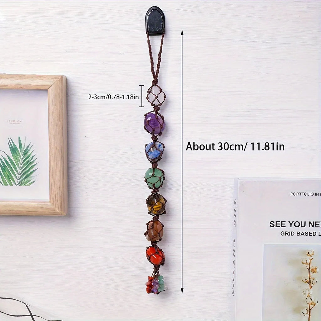 Natural crystal seven color rolling stone car hanging hand woven energy stone shaped mesh bag pendant