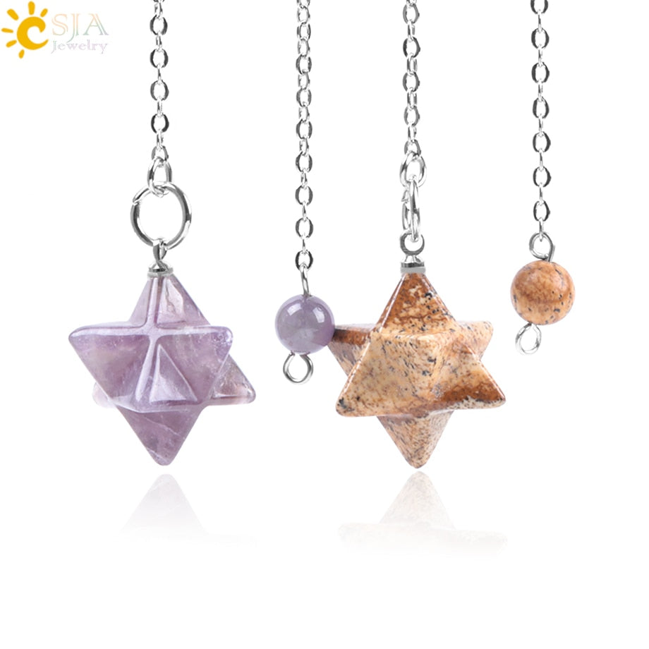 CSJA Natural Gem Stones Merkabah Pendulums for Dowsing Divination Wicca Chakra Reiki Pink Crystal Lapis Lazuli Onyx Pendant