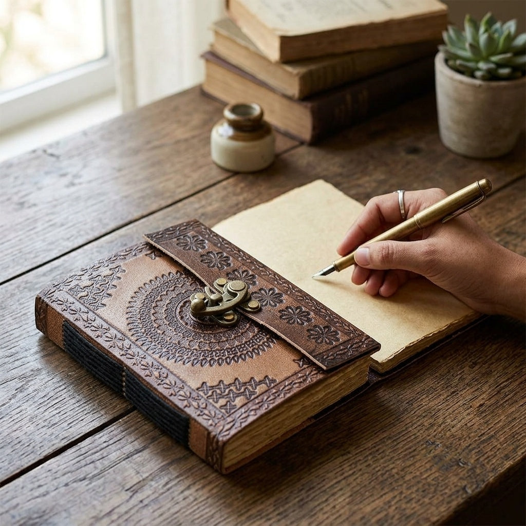 Handmade Leather Bound Journal with Lock - Vintage Travel Diary | 192 Eco-Friendly Pages | Refillable Writing Notebook for Men & Women | 7x5 Inch