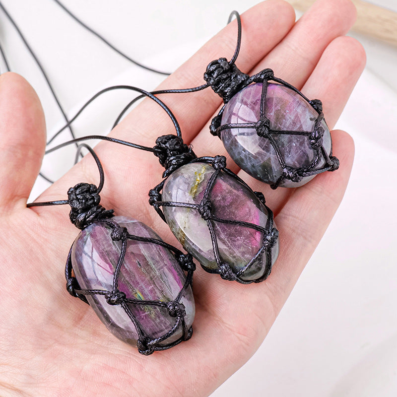 Purple Handmade Mesh Bag Pendant Moonstone Shape Crystal Necklace
