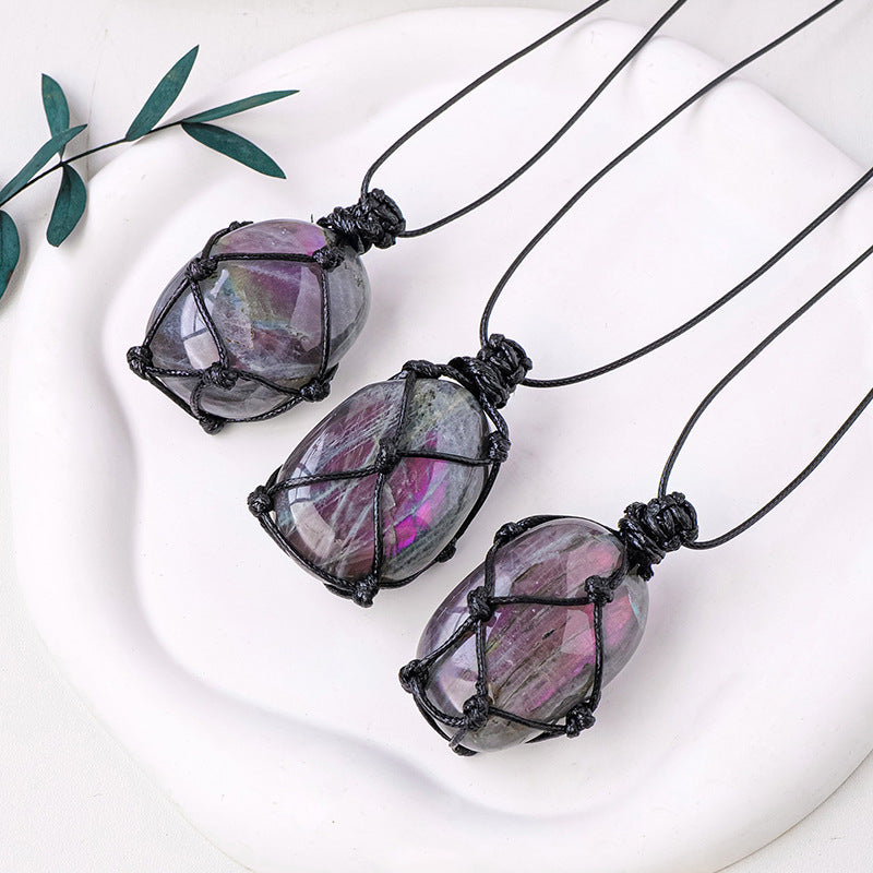 Purple Handmade Mesh Bag Pendant Moonstone Shape Crystal Necklace