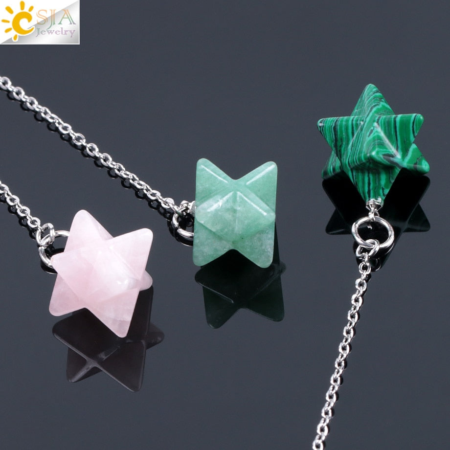 CSJA Natural Gem Stones Merkabah Pendulums for Dowsing Divination Wicca Chakra Reiki Pink Crystal Lapis Lazuli Onyx Pendant
