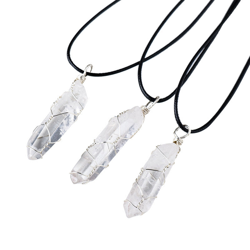 White crystal necklace, raw stone, single crystal hexagonal pillar
