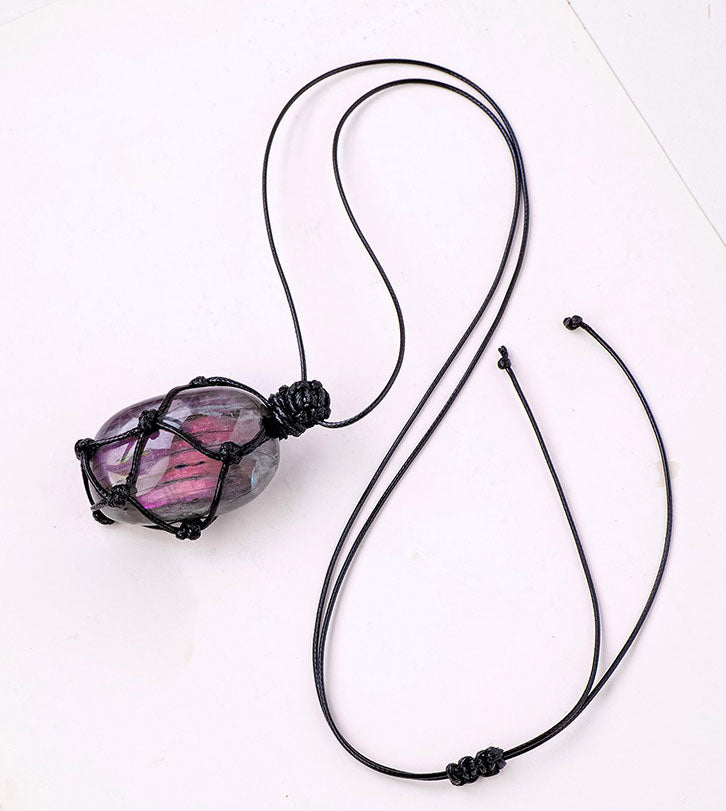 Purple Handmade Mesh Bag Pendant Moonstone Shape Crystal Necklace