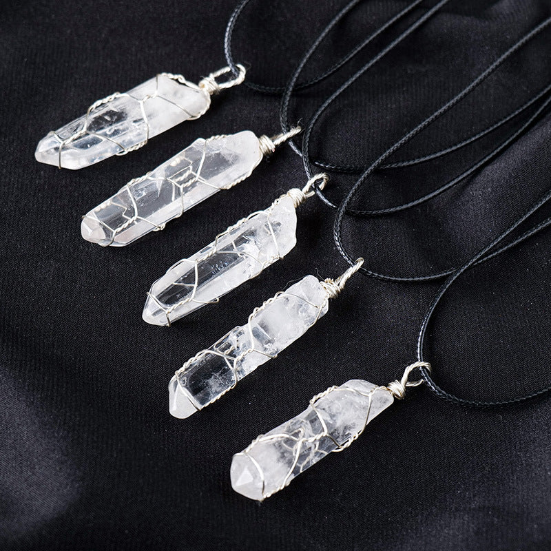 White crystal necklace, raw stone, single crystal hexagonal pillar