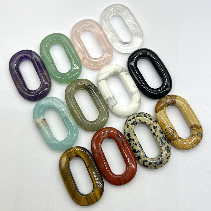 Natural Crystal Oval Pendant – Amethyst, Rose Quartz, Tiger Eye, Aventurine, Jade – Large Hole O-Ring Connector, DIY Jewelry Accessory (1 Piece)