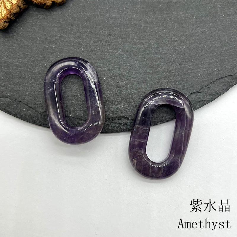 Natural Crystal Oval Pendant – Amethyst, Rose Quartz, Tiger Eye, Aventurine, Jade – Large Hole O-Ring Connector, DIY Jewelry Accessory (1 Piece)