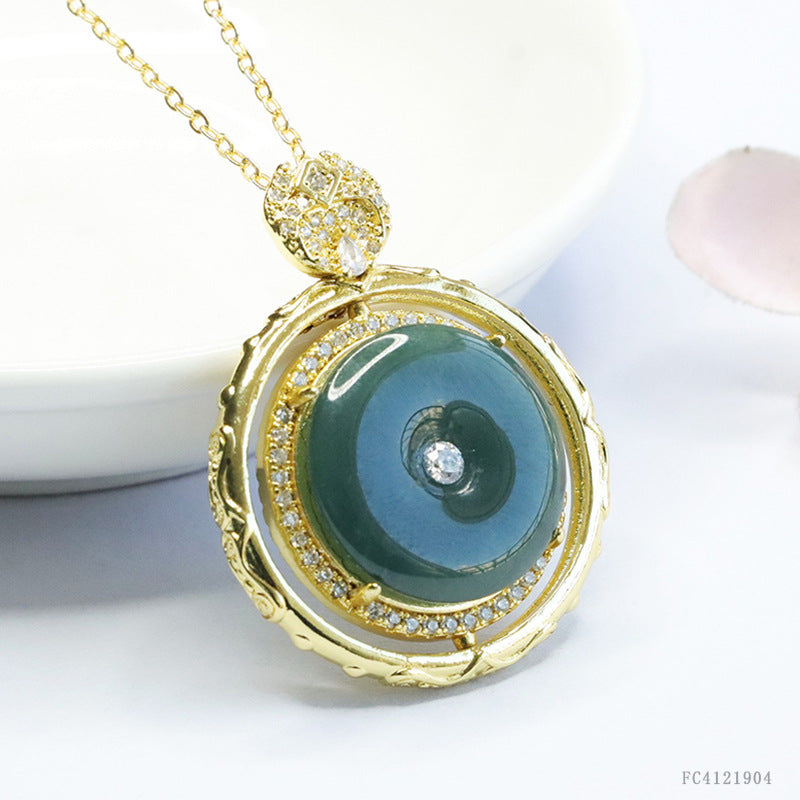 Natural Grade a Jadeite Blue Safety Buckle Pendant Jade Necklace Ancient Style Jewelry