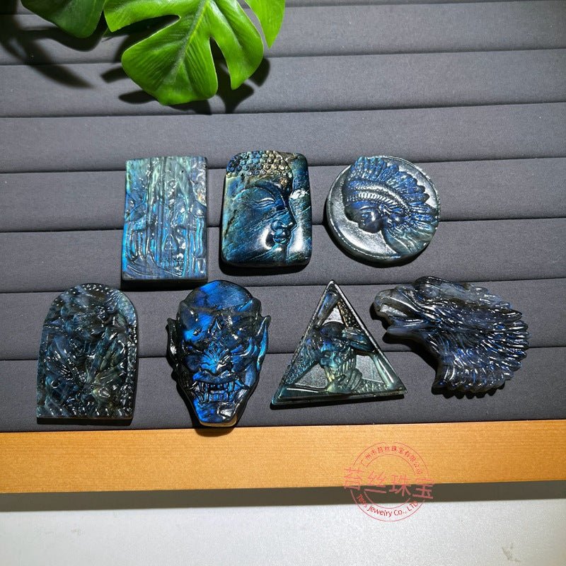 Hand-Carved Labradorite Pendant – Blue Flash Crystal Carving, Skull, Mask, Geometric & Figural Shapes – Natural Gemstone Jewelry Supply (1 Piece)