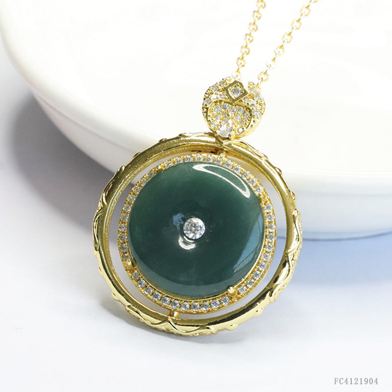 Natural Grade a Jadeite Blue Safety Buckle Pendant Jade Necklace Ancient Style Jewelry