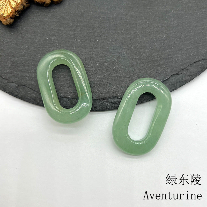 Natural Crystal Oval Pendant – Amethyst, Rose Quartz, Tiger Eye, Aventurine, Jade – Large Hole O-Ring Connector, DIY Jewelry Accessory (1 Piece)