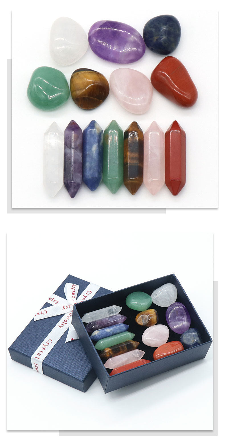 Natural Crystal Set, Hexagonal Column Double-Pointed 7 Pieces, Irregular 7 Pieces, Set Gift Box