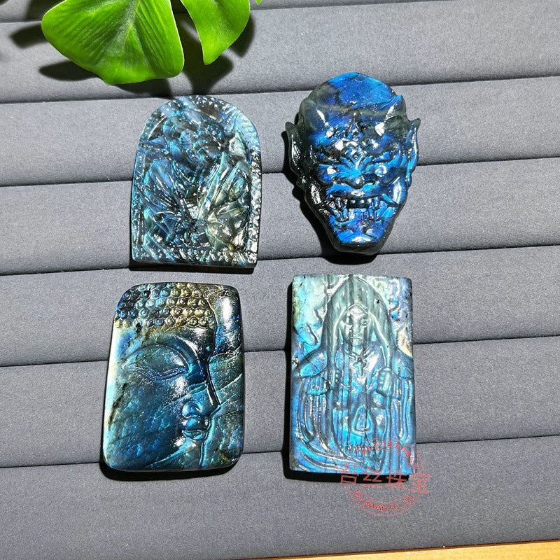 Hand-Carved Labradorite Pendant – Blue Flash Crystal Carving, Skull, Mask, Geometric & Figural Shapes – Natural Gemstone Jewelry Supply (1 Piece)