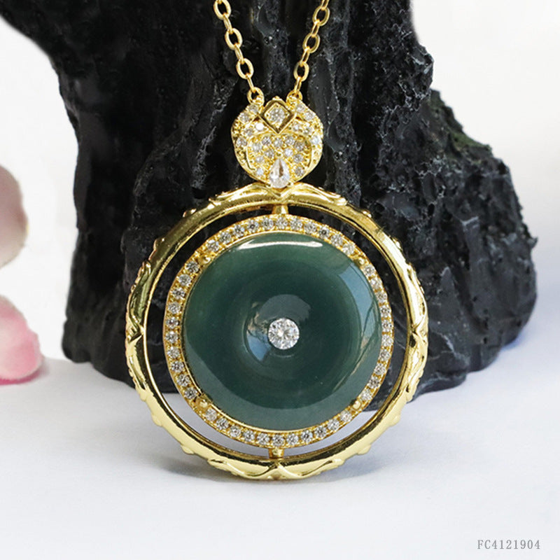 Natural Grade a Jadeite Blue Safety Buckle Pendant Jade Necklace Ancient Style Jewelry