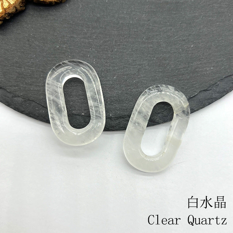 Natural Crystal Oval Pendant – Amethyst, Rose Quartz, Tiger Eye, Aventurine, Jade – Large Hole O-Ring Connector, DIY Jewelry Accessory (1 Piece)