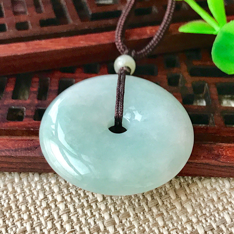 Jade Pendant with Natural Jadeite, Peaceful Buckle, Guanyin Jade Buddha, Burmese Jade Jewelry