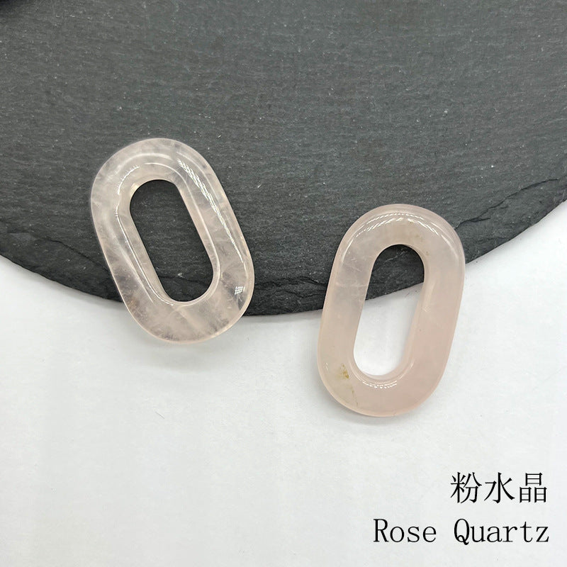 Natural Crystal Oval Pendant – Amethyst, Rose Quartz, Tiger Eye, Aventurine, Jade – Large Hole O-Ring Connector, DIY Jewelry Accessory (1 Piece)