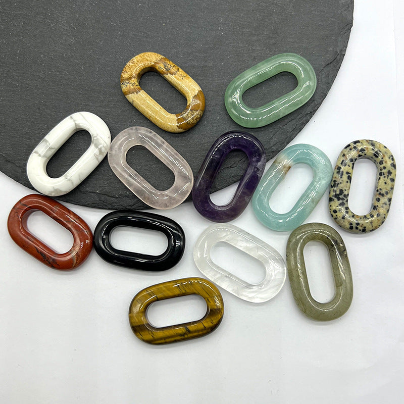 Natural Crystal Oval Pendant – Amethyst, Rose Quartz, Tiger Eye, Aventurine, Jade – Large Hole O-Ring Connector, DIY Jewelry Accessory (1 Piece)