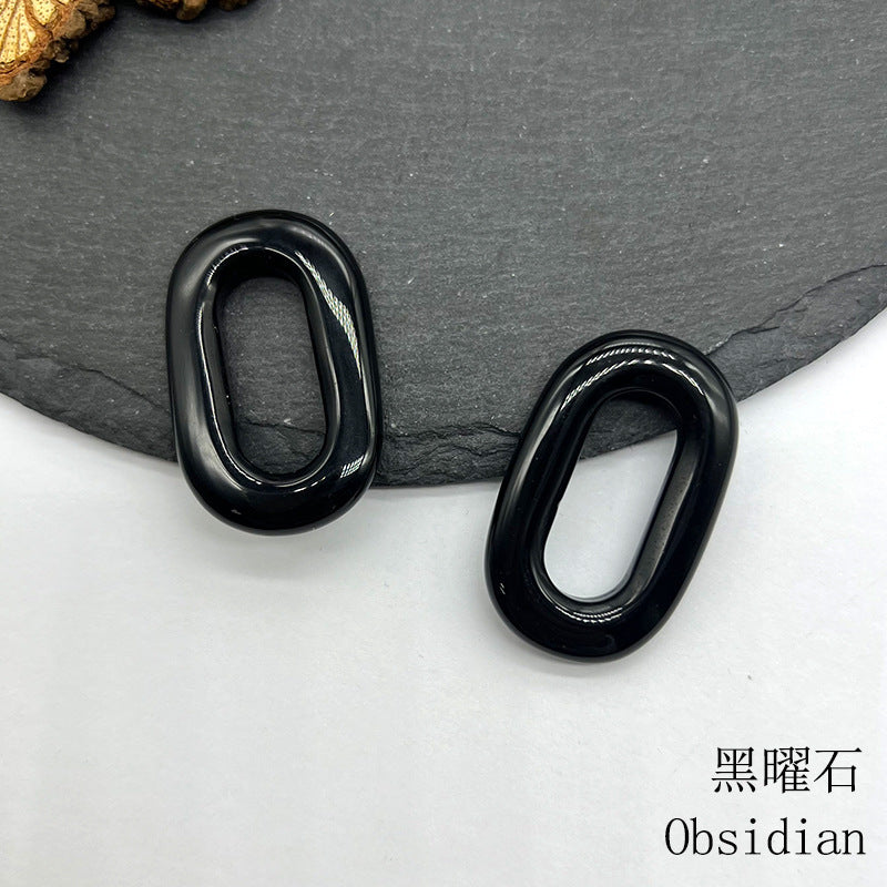 Natural Crystal Oval Pendant – Amethyst, Rose Quartz, Tiger Eye, Aventurine, Jade – Large Hole O-Ring Connector, DIY Jewelry Accessory (1 Piece)