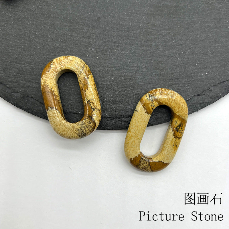 Natural Crystal Oval Pendant – Amethyst, Rose Quartz, Tiger Eye, Aventurine, Jade – Large Hole O-Ring Connector, DIY Jewelry Accessory (1 Piece)