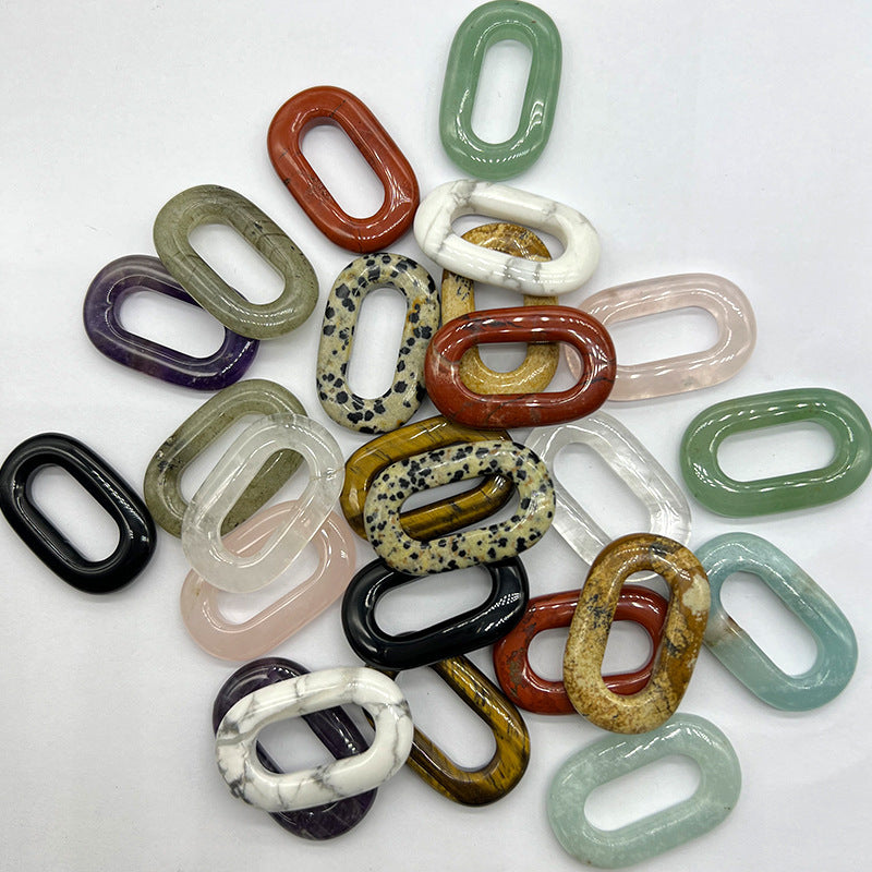Natural Crystal Oval Pendant – Amethyst, Rose Quartz, Tiger Eye, Aventurine, Jade – Large Hole O-Ring Connector, DIY Jewelry Accessory (1 Piece)