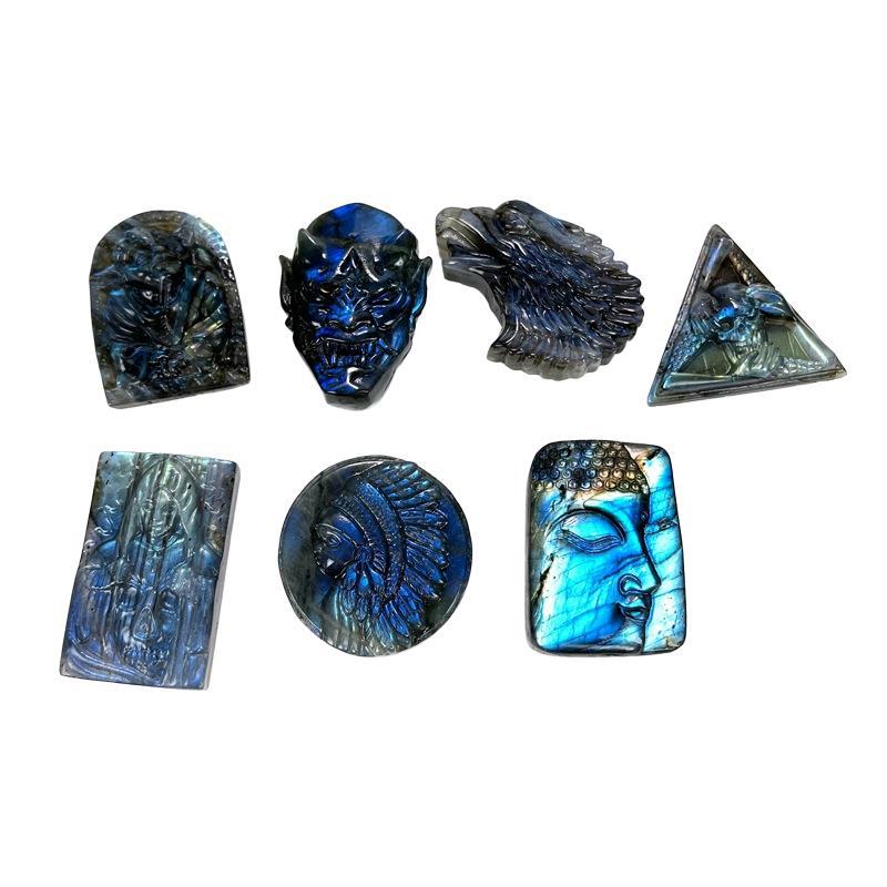 Hand-Carved Labradorite Pendant – Blue Flash Crystal Carving, Skull, Mask, Geometric & Figural Shapes – Natural Gemstone Jewelry Supply (1 Piece)