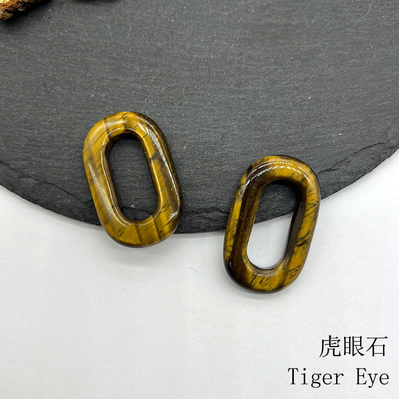 Natural Crystal Oval Pendant – Amethyst, Rose Quartz, Tiger Eye, Aventurine, Jade – Large Hole O-Ring Connector, DIY Jewelry Accessory (1 Piece)
