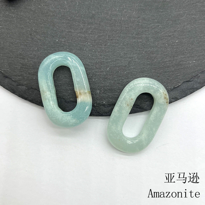 Natural Crystal Oval Pendant – Amethyst, Rose Quartz, Tiger Eye, Aventurine, Jade – Large Hole O-Ring Connector, DIY Jewelry Accessory (1 Piece)