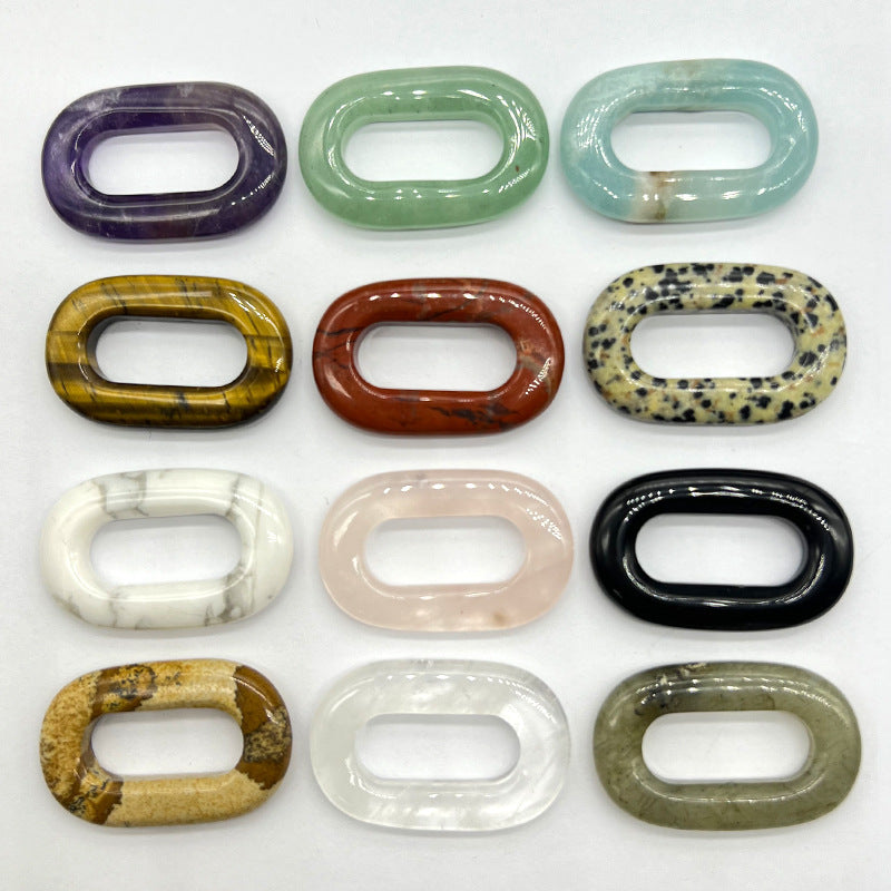 Natural Crystal Oval Pendant – Amethyst, Rose Quartz, Tiger Eye, Aventurine, Jade – Large Hole O-Ring Connector, DIY Jewelry Accessory (1 Piece)