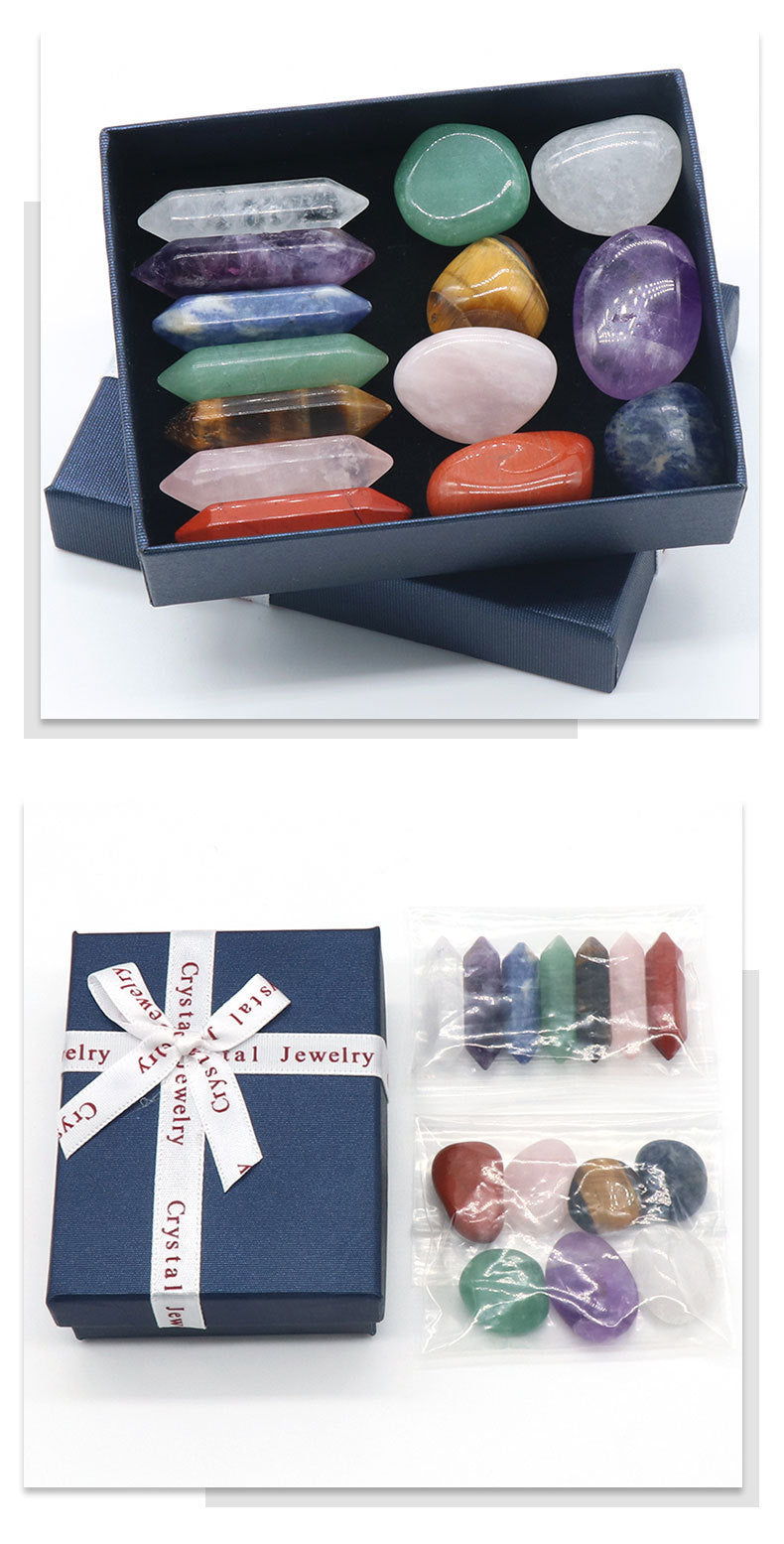 Natural Crystal Set, Hexagonal Column Double-Pointed 7 Pieces, Irregular 7 Pieces, Set Gift Box