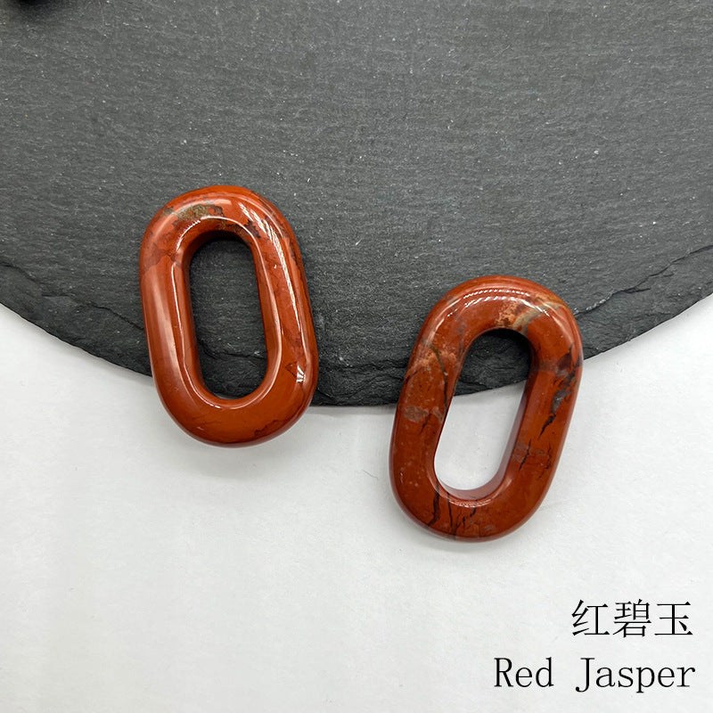 Natural Crystal Oval Pendant – Amethyst, Rose Quartz, Tiger Eye, Aventurine, Jade – Large Hole O-Ring Connector, DIY Jewelry Accessory (1 Piece)