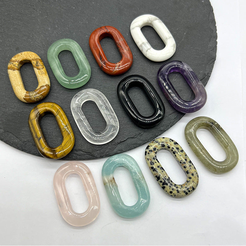 Natural Crystal Oval Pendant – Amethyst, Rose Quartz, Tiger Eye, Aventurine, Jade – Large Hole O-Ring Connector, DIY Jewelry Accessory (1 Piece)