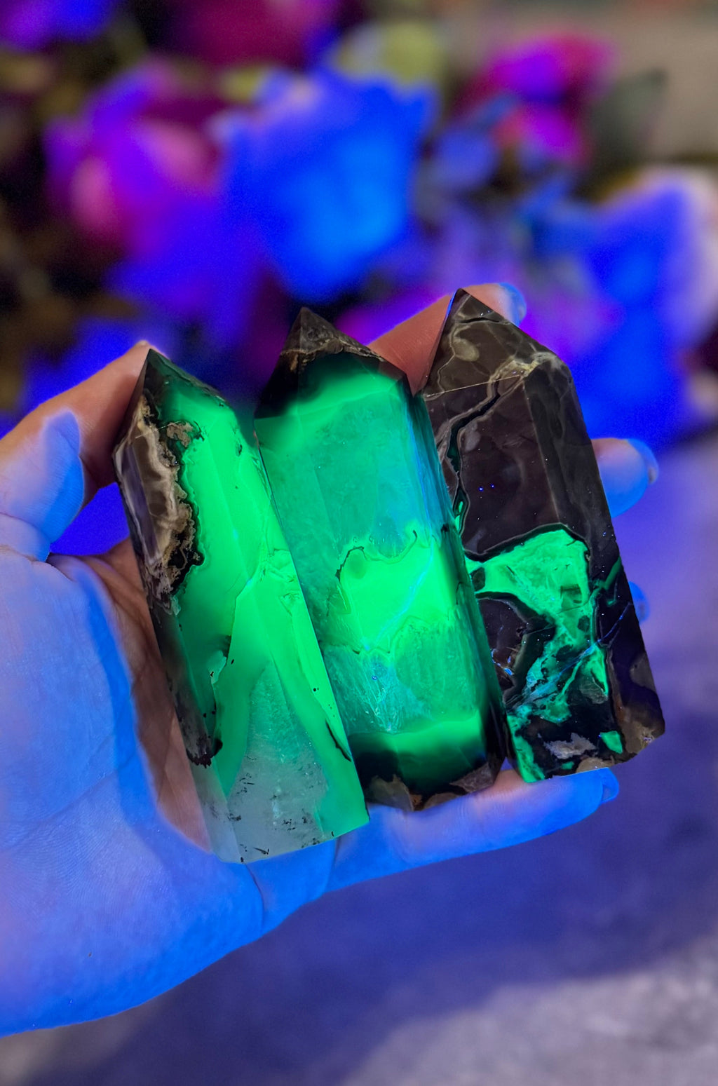 Volcano Agate Towers — UV Fluorescent Green Crystals