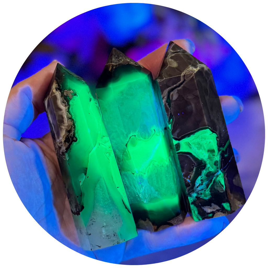 Volcano Agate Towers, UV Fluorescent Green Crystals